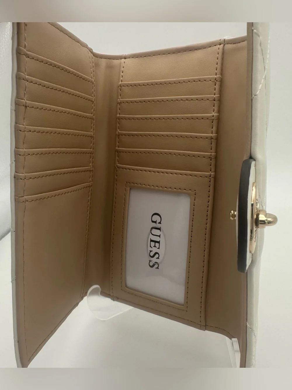 Guess Greenberry SLG Logo Slim Tri-Fold Clutch Wallet - White/Gold